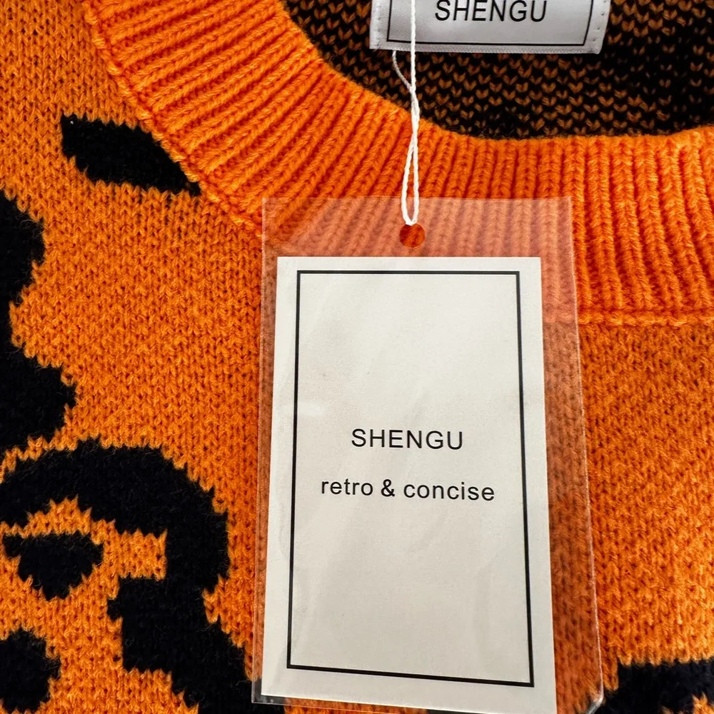 Shengu Polar Bear Crewneck Sweater Orange Back White Kawaii Oversized Knit Funky - Picture 4 of 13